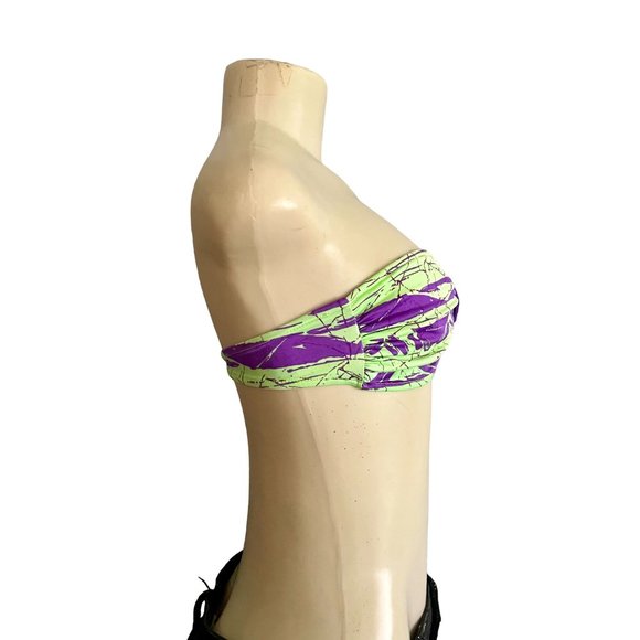 Vintage 80s Strapless Bikini Top by Rik Rik size S in Neon Green & Purple Retro - Picture 4 of 9